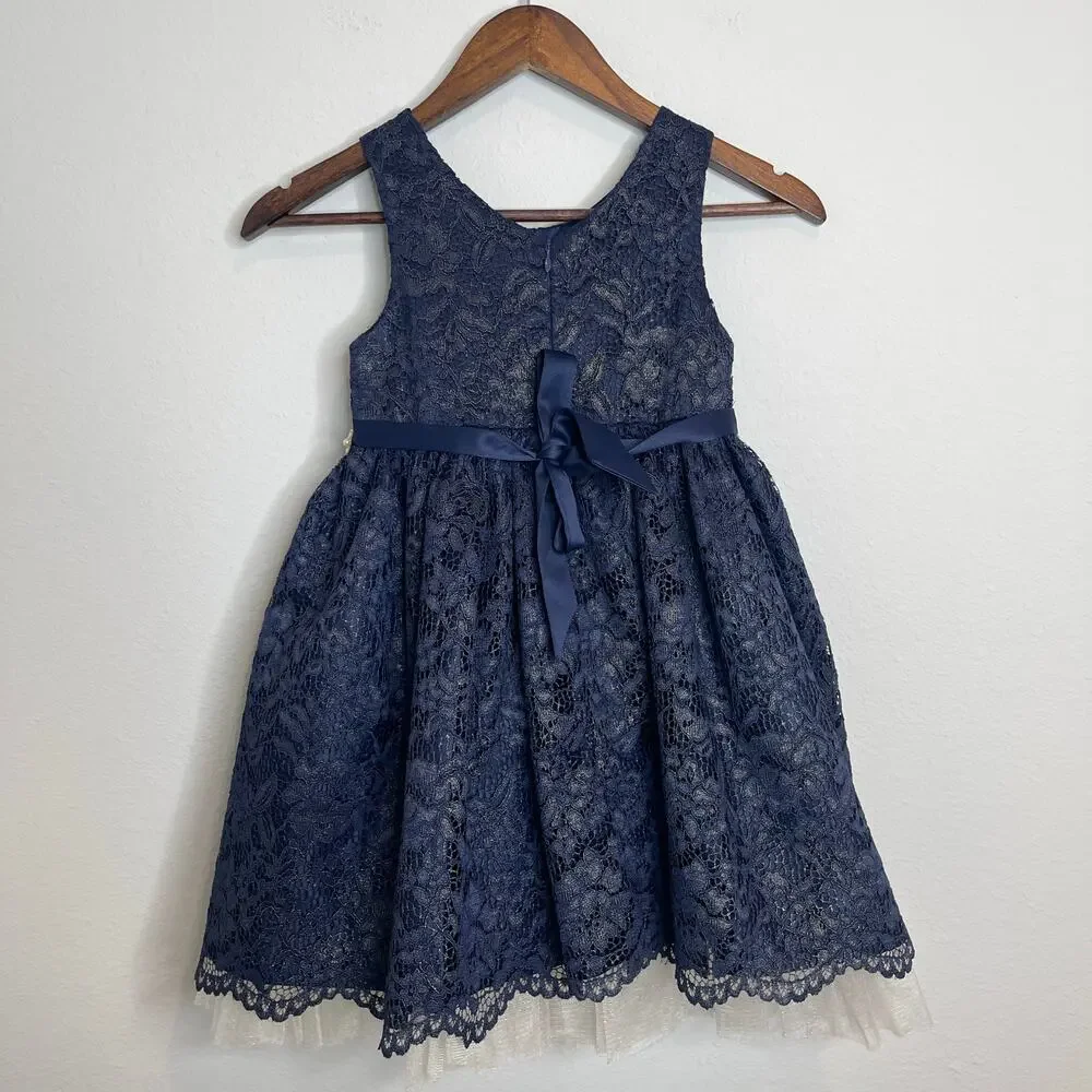 American Princess Girls Navy Gold Lace Dress Pearl Waist Bow Size 6X 7 Formal